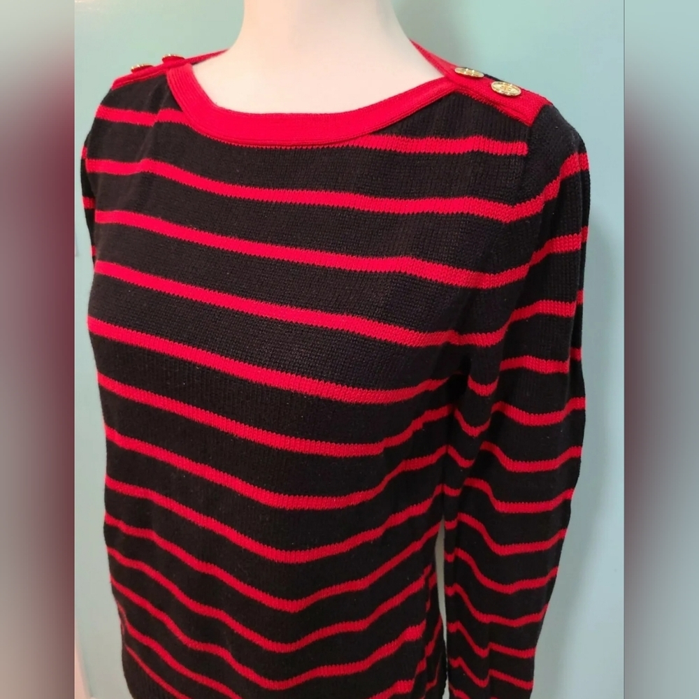 Ralph Lauren Breton Striped Boatneck Button Shoulder Sweater Black Red Large